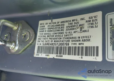 2007 Honda Cr-V Lx из США, поврежденный, VIN 5J6RE48357L000769